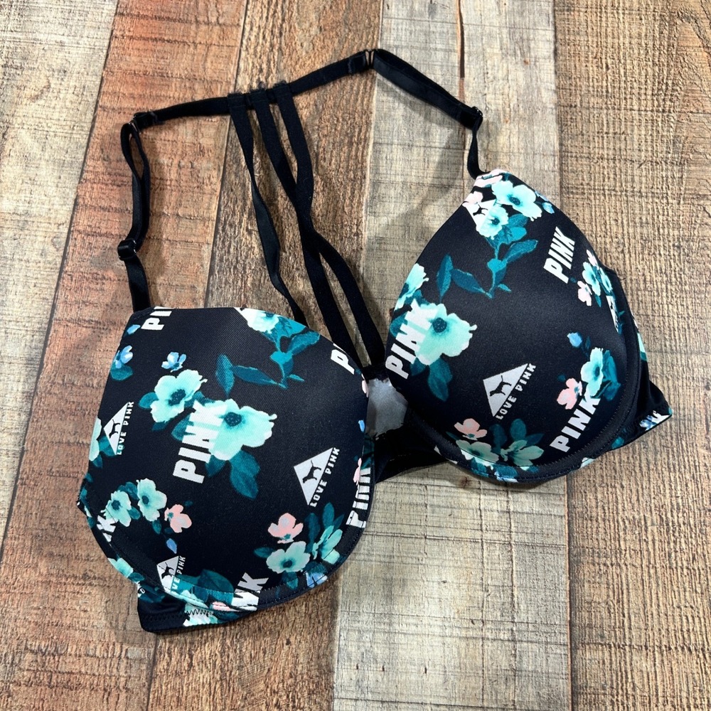 PINK Victoria's Secret Floral Logo Push Up Bra Strappy Back 34C Wear Everywhere